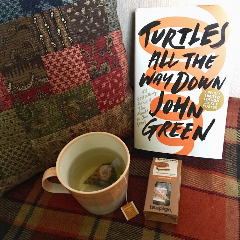 turtles all the way down book cover amongst autumnal scarf and cup of tea