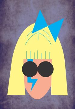 illustrated headshot image of lady gaga feeaturing blonde hair, blue bow and lightening strike face paint, and sunglasses