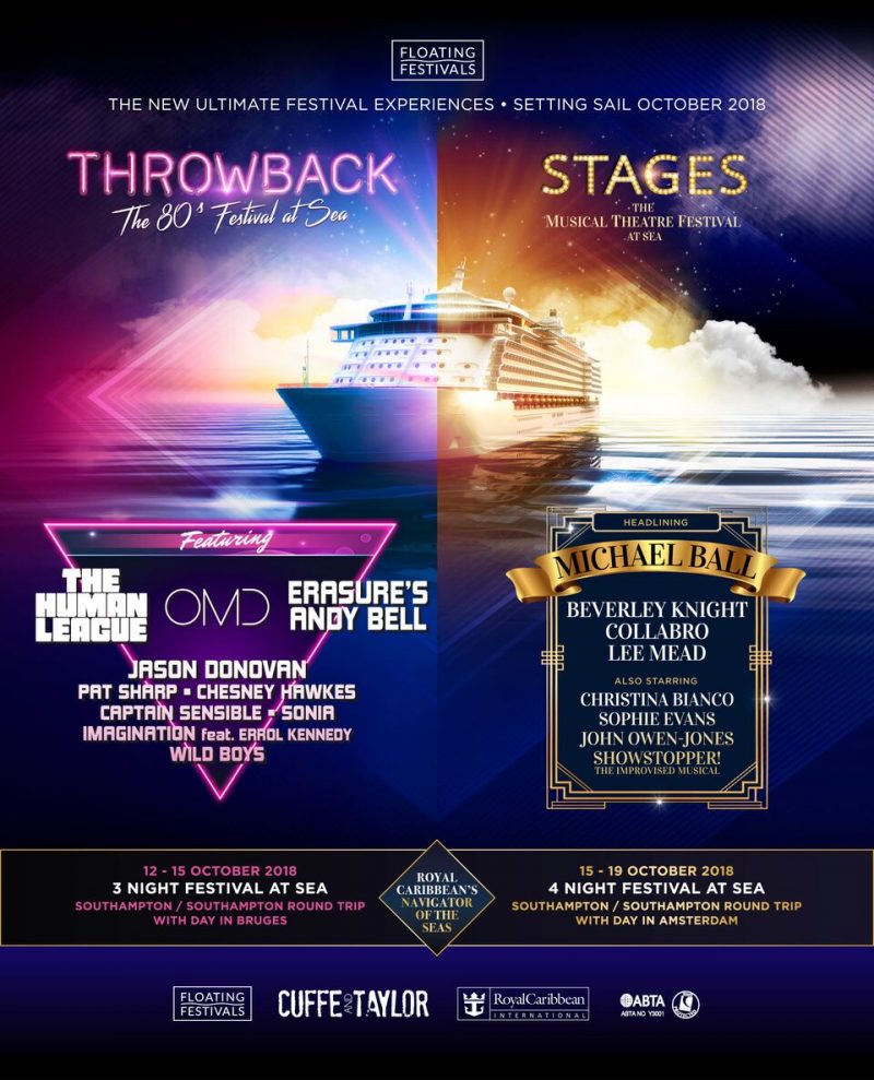 poster advert reading 'throwback at sea' on the left, and 'stages at sea' on the right, with an image of a cruise ship