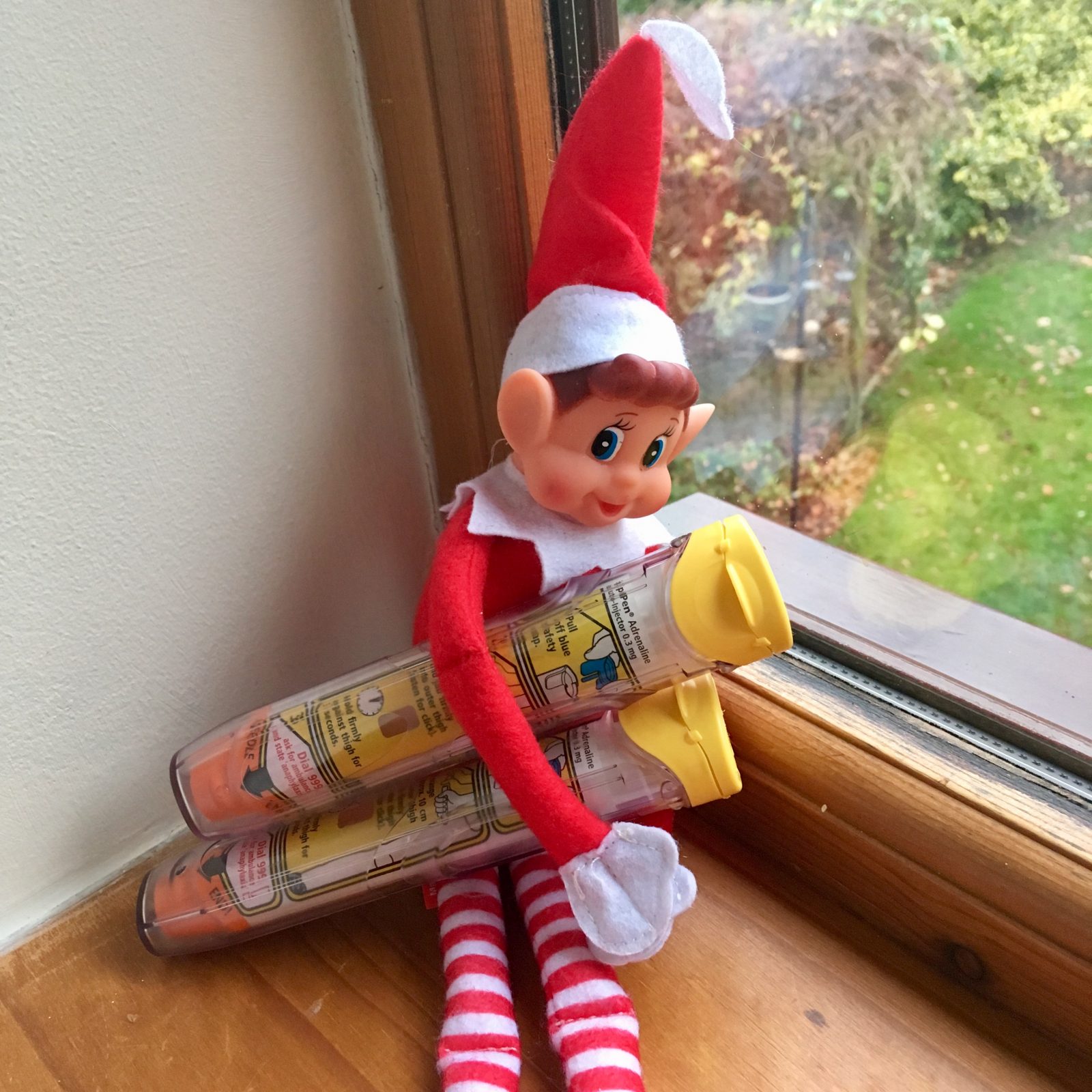 red christmas elf sat on windowsill holding two epipens in its arms
