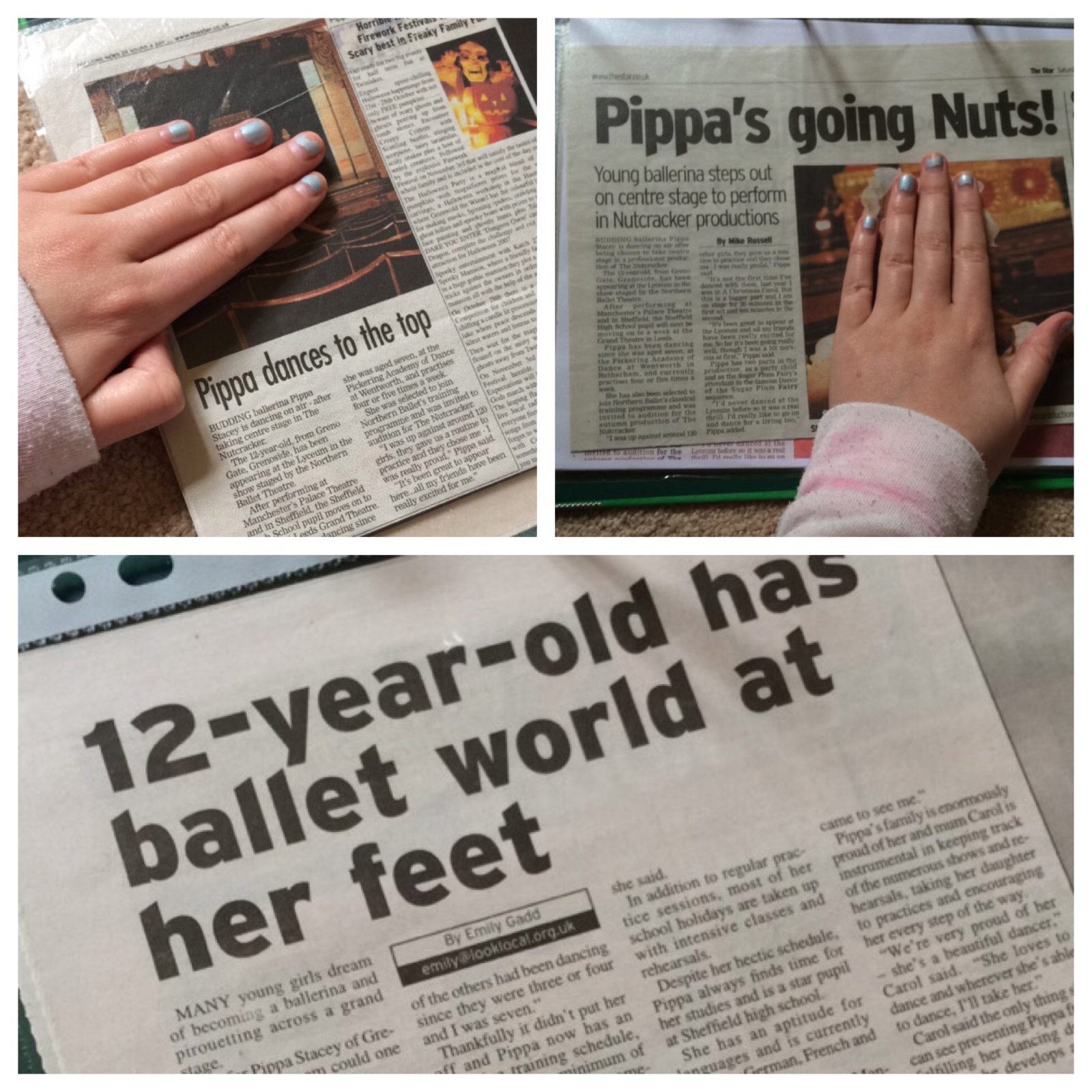collage of newspaper clippings featuring younger pippa and ballet articles