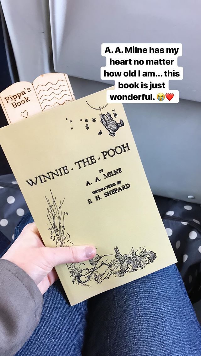 Instagram Story screenshot of hand holding beige Winnie The Pooh book with train seat visible in background