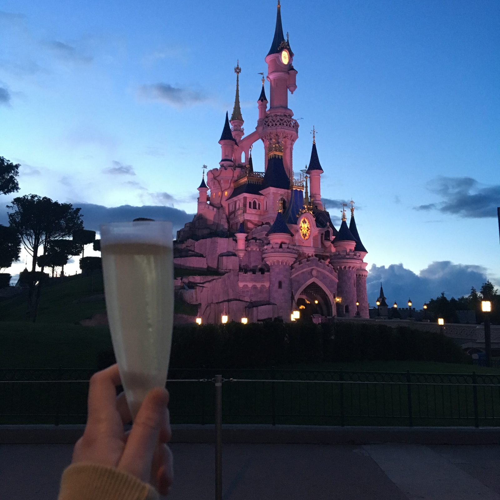 hand holding champagne glass in front of lit up disneyland castle