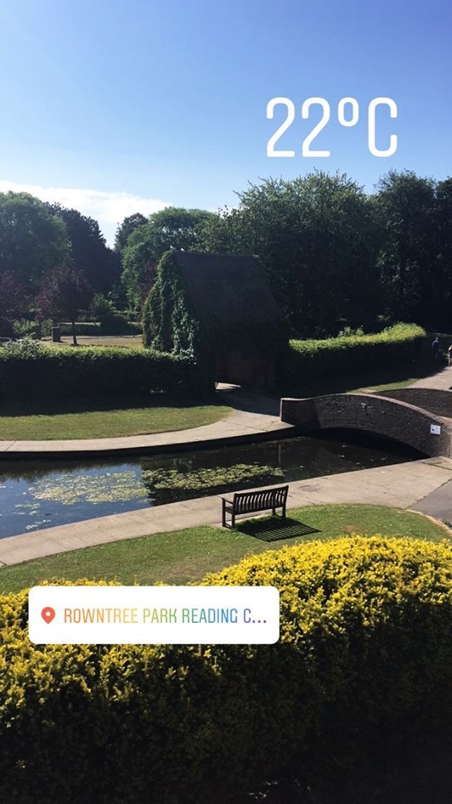 Instagram story screenshot featuring view from rowntree park reading cafe, including sunshine and river