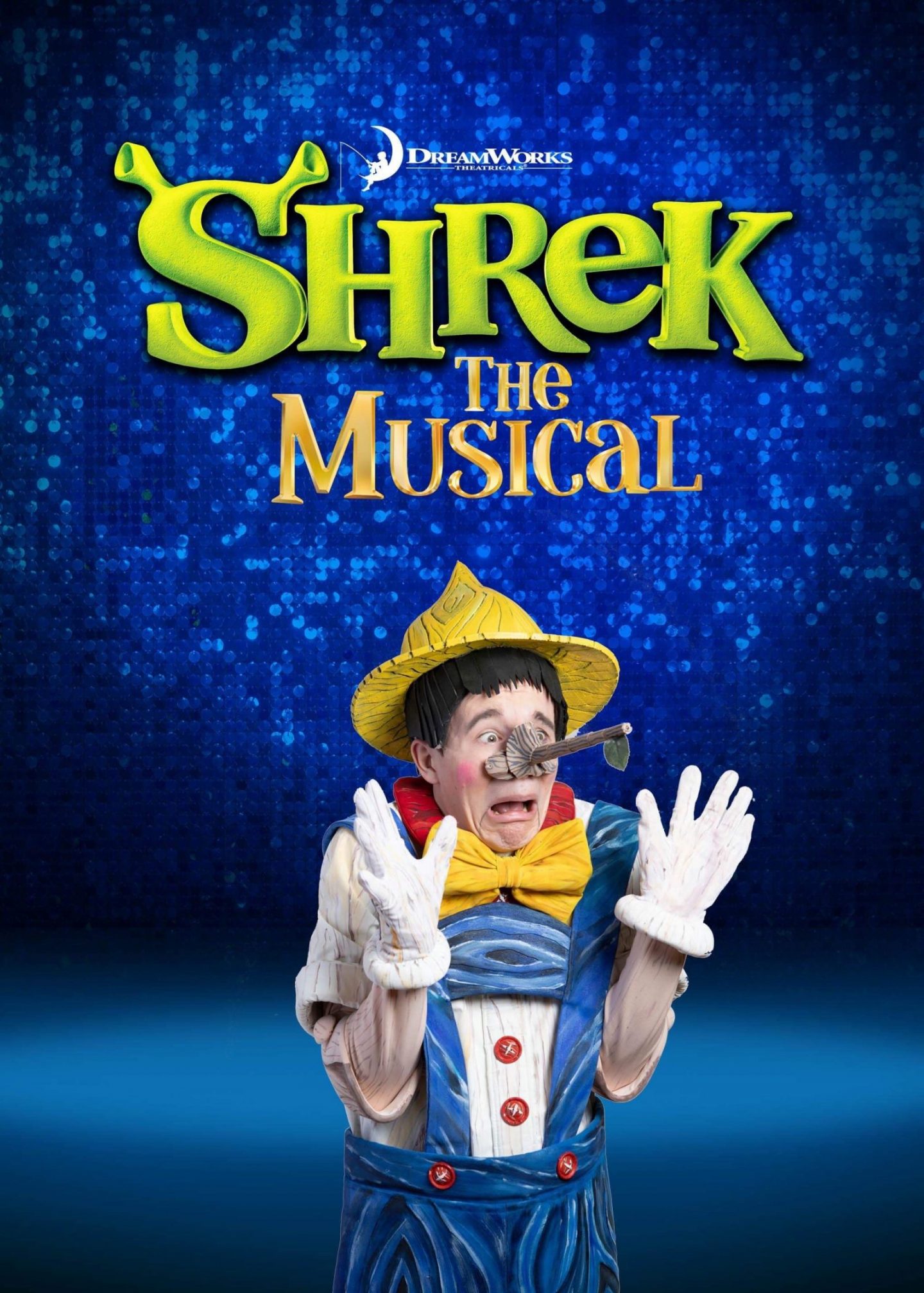 promotional shrek the musical poster featuring pinnochio holding hands up and looking shocked