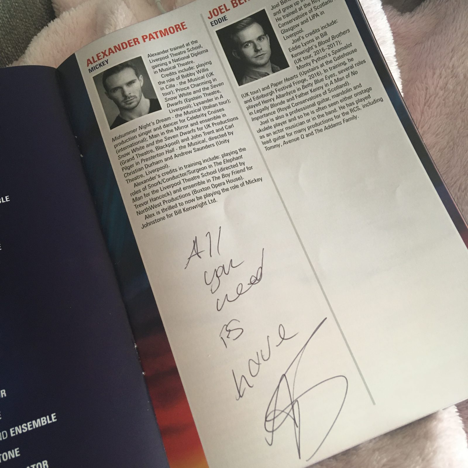 pippa's signed programme opened on cast pages of mickey and eddie