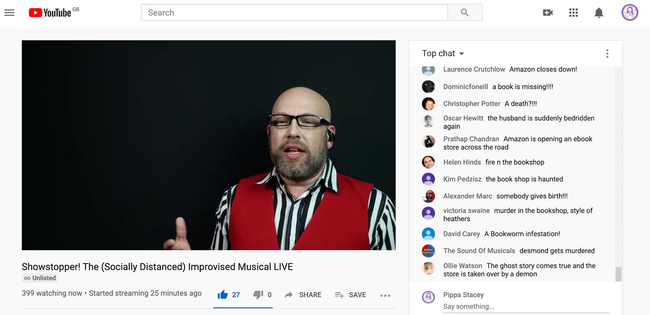 screenshot of showstopper livestream on youtube, showing one male performer and chat box of audience members making suggestions for what happens next