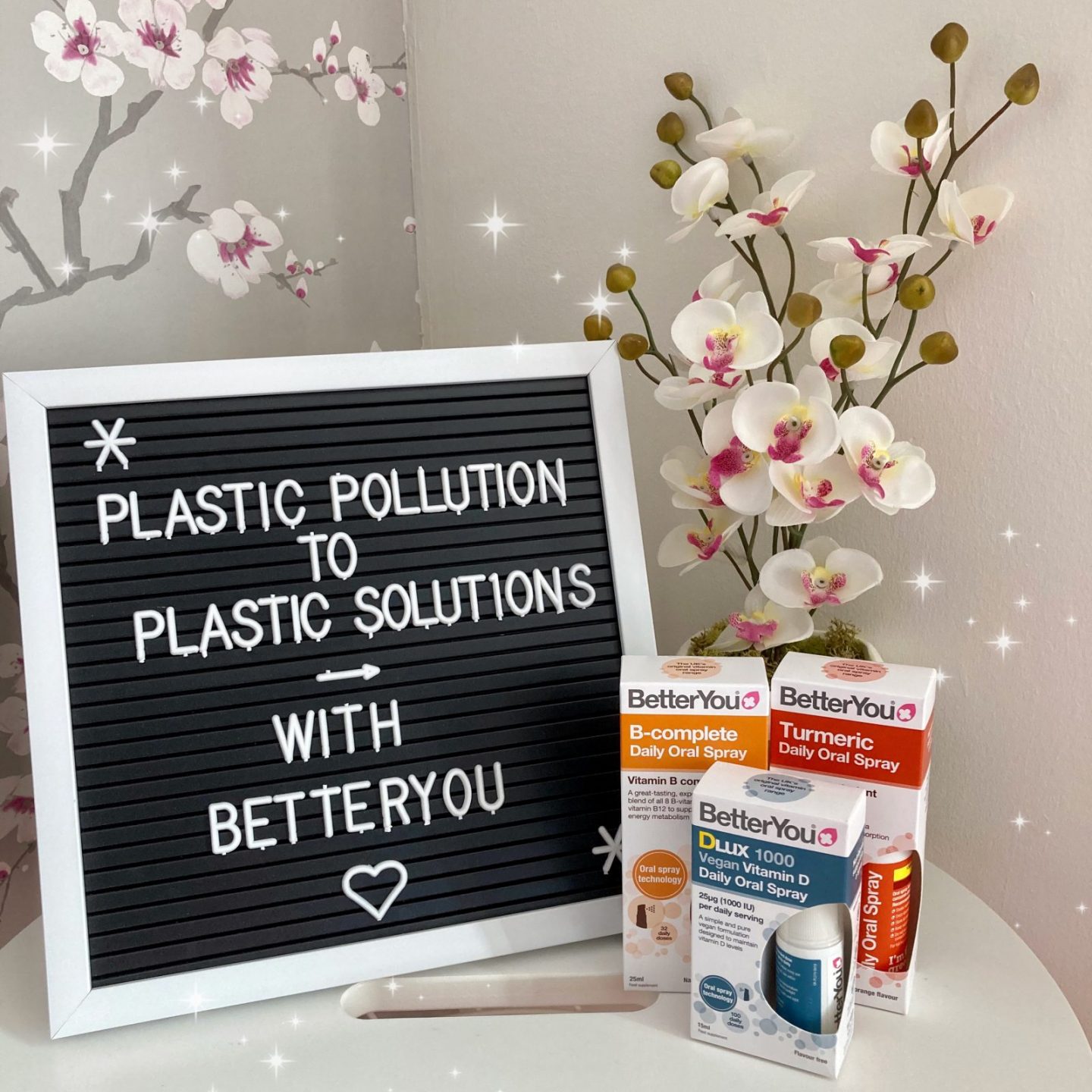 black and white letterboard reading "plastic pollution to plastic solutions with BetterYou" on white table next to decorative flowers and three of BetterYou's colourful transdermal sprays