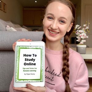 headshot of pippa, sat on floor wearing pink jumper and brown hair in twi plaits, holding up an iPad showing the front cover of 'how to study online' ebook