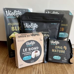 vegan cheese products by violife, featured sliced and grated original cheese, epic mature block, and le rond camembert