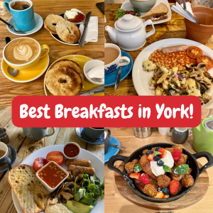 collage of four breakfasts, including two full english, one coffee and bagels, and one vegan french toast with strawberries and cream. text overlay reads 'best breakfast in york'