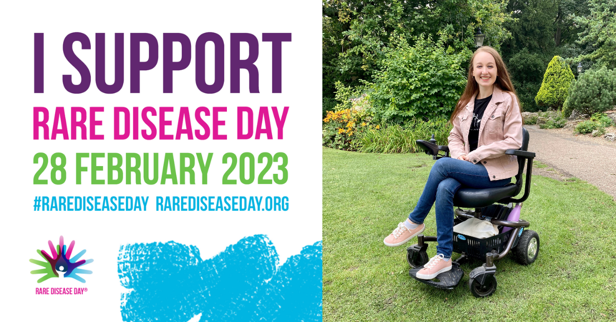 Banner which reads 'I support rare disease day, 28th Feb 2023' next to a photo of pippa using her powerchair outdoors and smiling brightly.