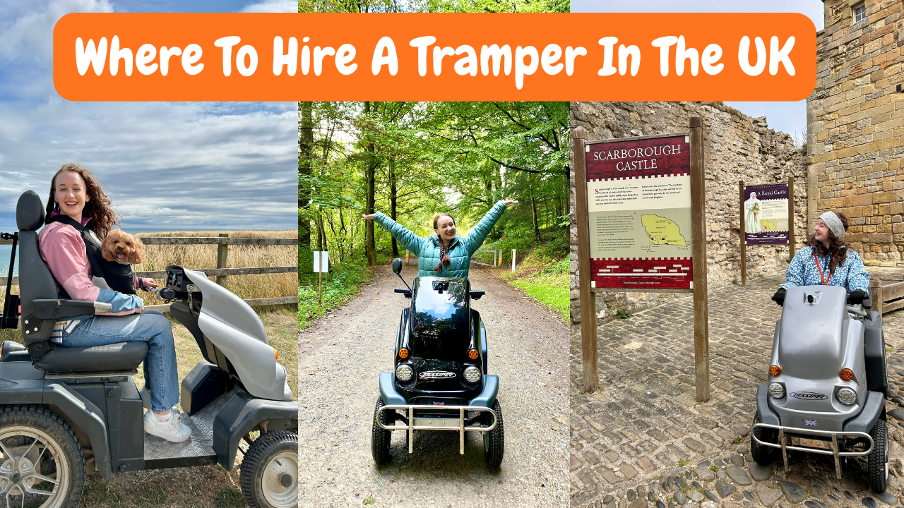 Collage of images of Pippa using a Tramper, at the coast, in the forest, and at a heritage site. Text reads 'where to hire a Tramper in the UK'.